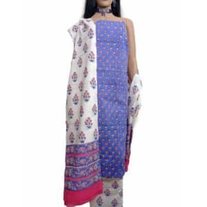 sanganeri handblock print cotton unstitched suit blue pink color