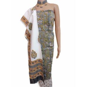 Grey color unstitched cotton suit with sanganeri print