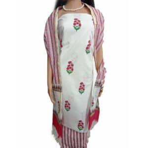 White Red color unstitched cotton suit with sanganeri print