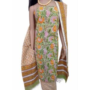 Green multicolor, cotton suit with handcrafted sanganeri print.