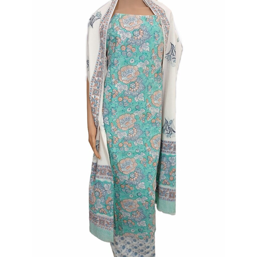 Green - Mosaic Fusion Cotton A-Line Lace Work Sanganeri Kurta 07