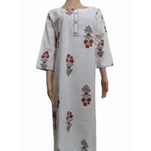 Hand Block Printed Flower Design White Color Cotton Kurti