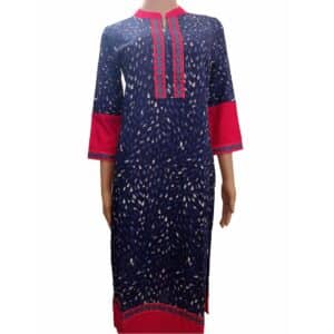 Blue Color Hand Blocked Cotton Kurti with a vibrant Red color border.