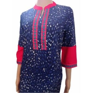 Blue Color Hand Blocked Cotton Kurti with a vibrant Red color border.