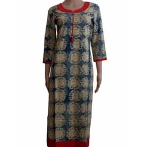 Blue Light yellow Color Cotton Kurti having Unique Tomato Cross Section Design with Red Border